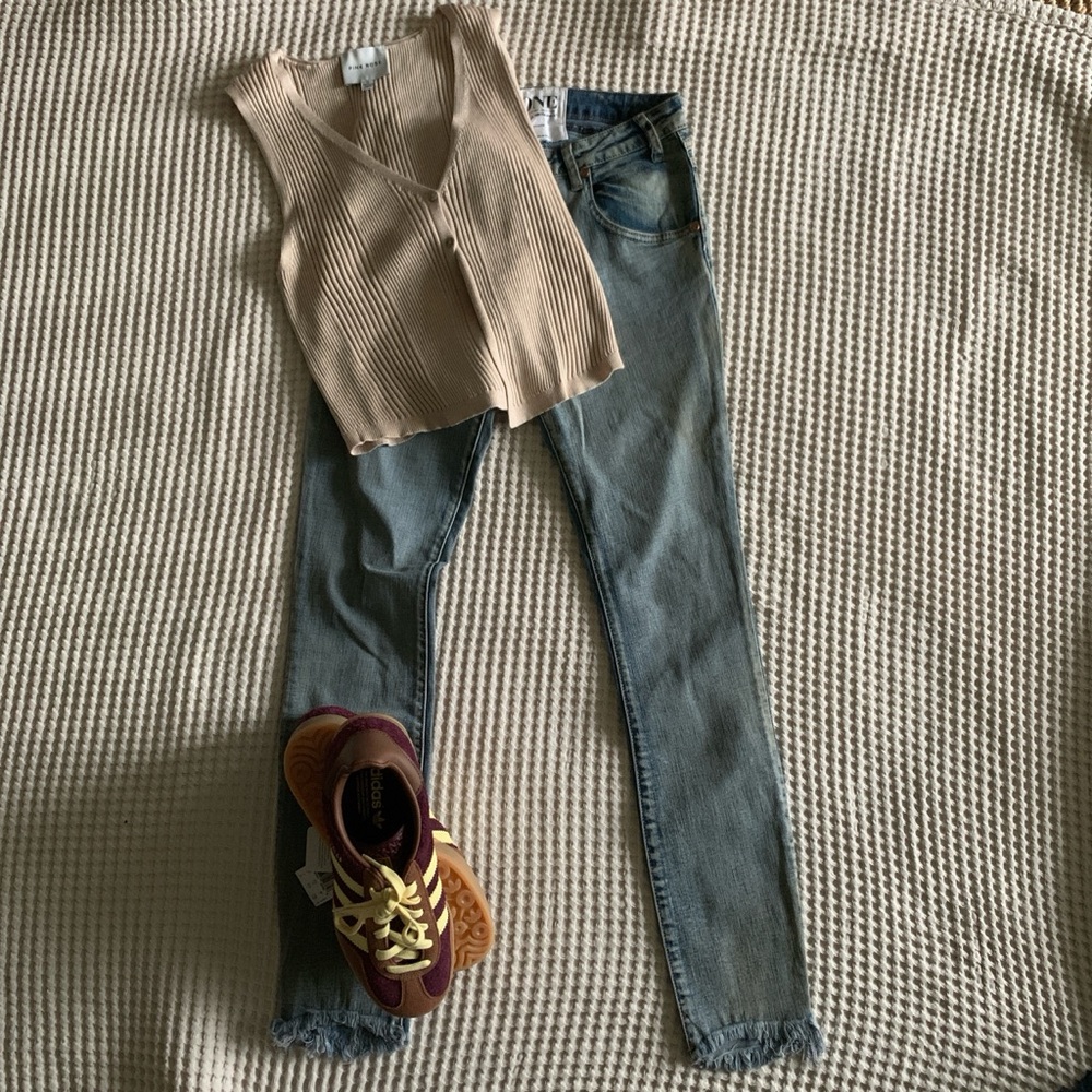 One Teaspoon Skinny Jeans in Light Blue Wash with Raw Hem